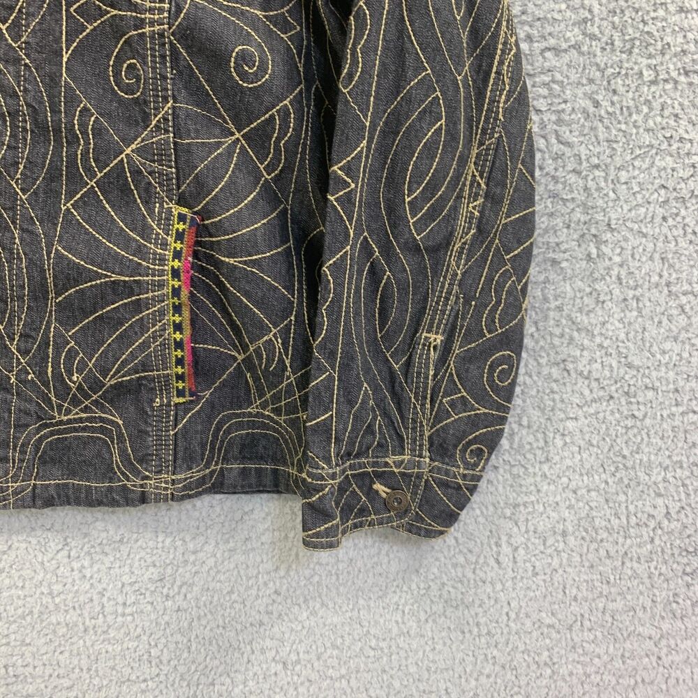 Chicos Denim Jacket Tribal Art Zip Cotton sz 2/ Large 12 Embroidered - Picture 11 of 13